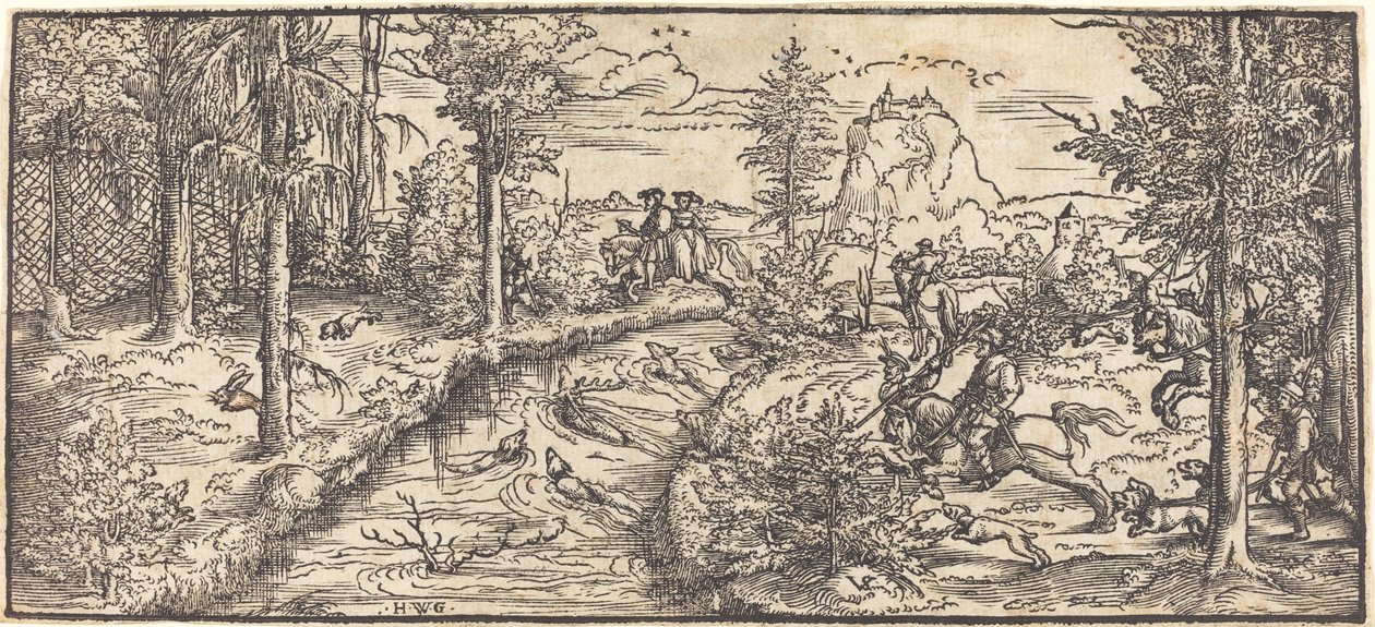 Hertenjacht in een landschap door Master H.W.G.