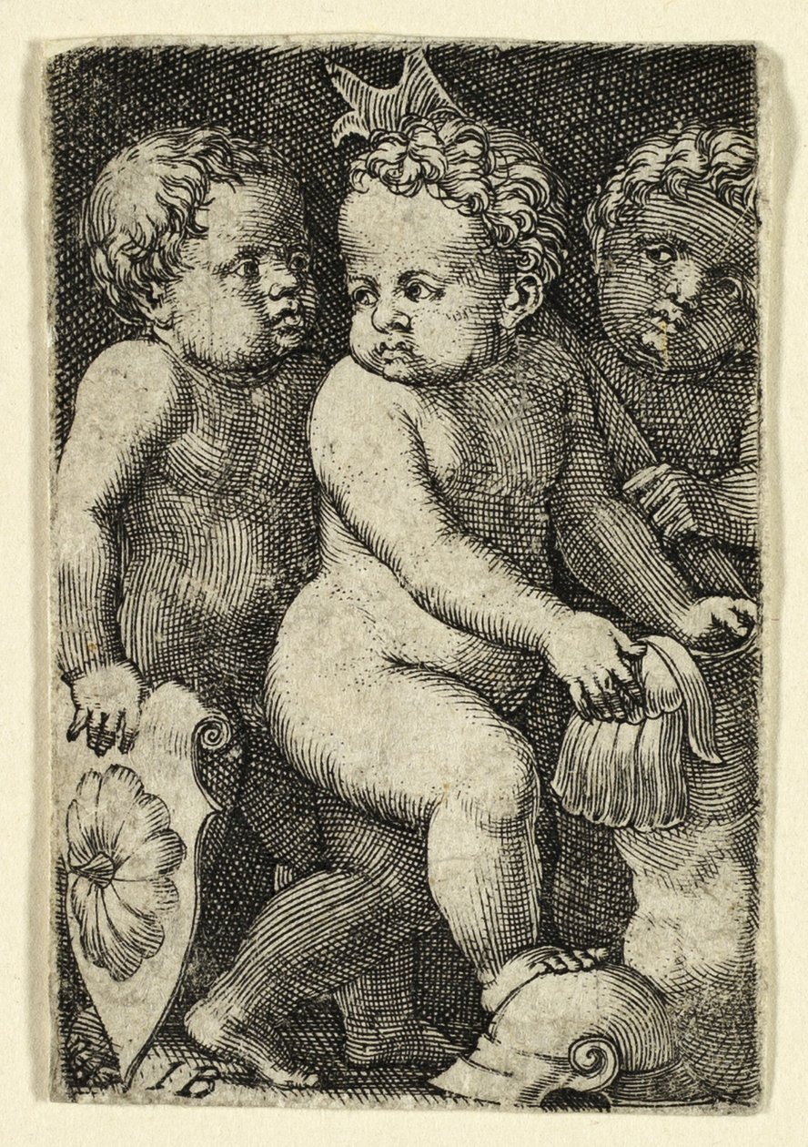 Drie putti met harnas door Master I.B.