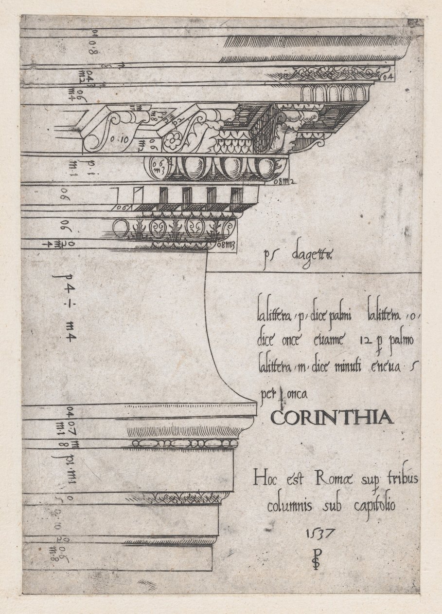Speculum Romanae Magnificentiae: Entablement van de Tempel van Castor en Pollux, Rome, 1537 door Master PS