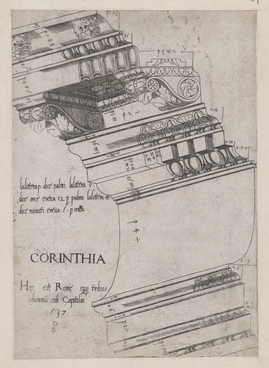 Speculum Romanae Magnificentiae: Entablement van de Tempel van Vespasianus, Rome, 1537 door Master PS