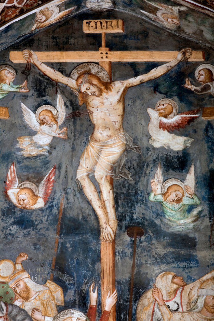 De kruisiging (detail) met de inscriptie INRI door Master Trecentesco of Sacro Speco School