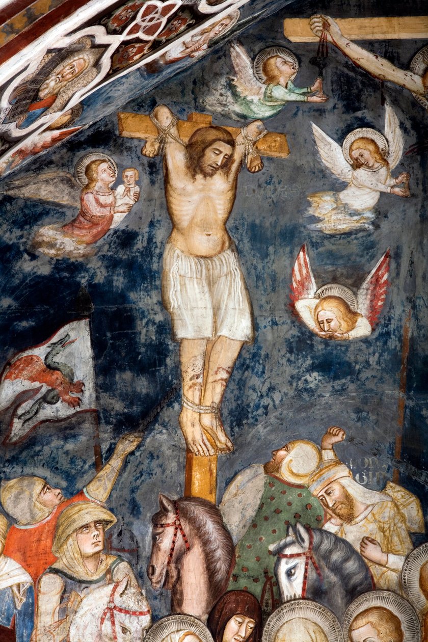 De berouwvolle dief, gekruisigd met Jezus, zijn ziel wordt omarmd door een engel Voorstelling van de goede dief, ook wel Sint-Dismas genoemd door Master Trecentesco of Sacro Speco School