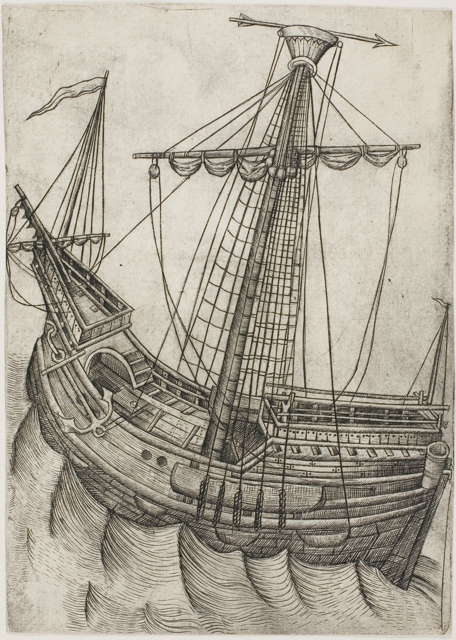 Schip met opgerolde zeilen en pijl wijzend naar rechts door Master W with the Key