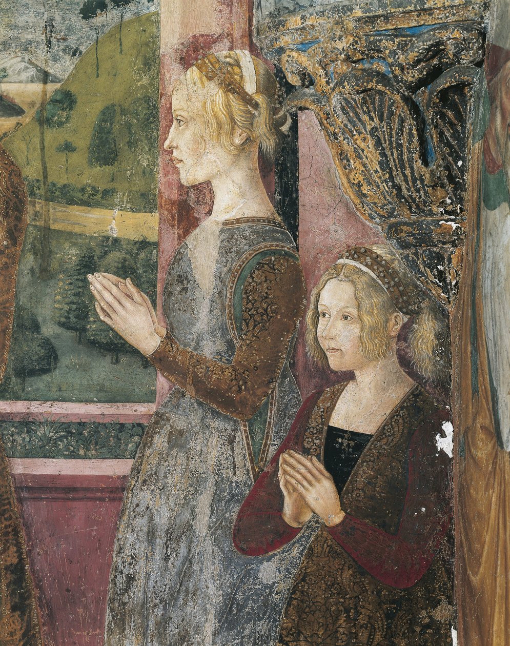 Italië, regio Piemonte, provincie Alessandria, Serralunga di Crea, Sacro Monte di Crea, Heiligdom van Santa Maria Assunta, Kapel van St. Margaretha van Antiochië, Fresco met Paleologo en Bernarda di Bosse door Master of Crea