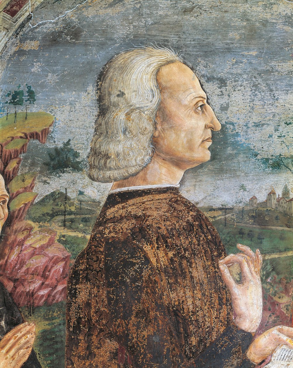 Italië, Piëmont, provincie Alessandria, Serralunga di Crea, Sacro Monte di Crea, Heiligdom van Santa Maria Assunta, Kapel van St. Margaretha van Antiochië, Portret van Guglielmo VIII Paleologo, Markies van Monferrato, Fresco door Master of Crea