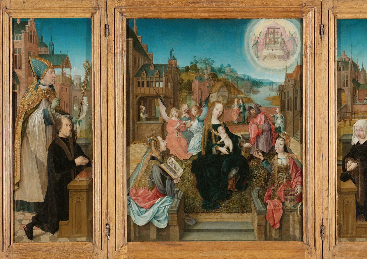 Drieluik met Madonna en Kind met heiligen (midden), mannelijke schenker met Sint-Maarten (links, binnenvleugel), vrouwelijke schenker met Sint-Cunera (rechts, binnenvleugel), en de Annunciatie (buitenvleugels) door Master of Delft