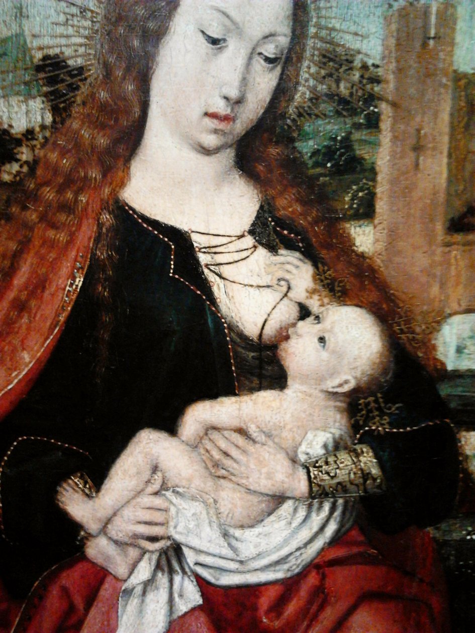 Madonna met kind gekroond door twee engelen (detail). door Master of Frankfurt