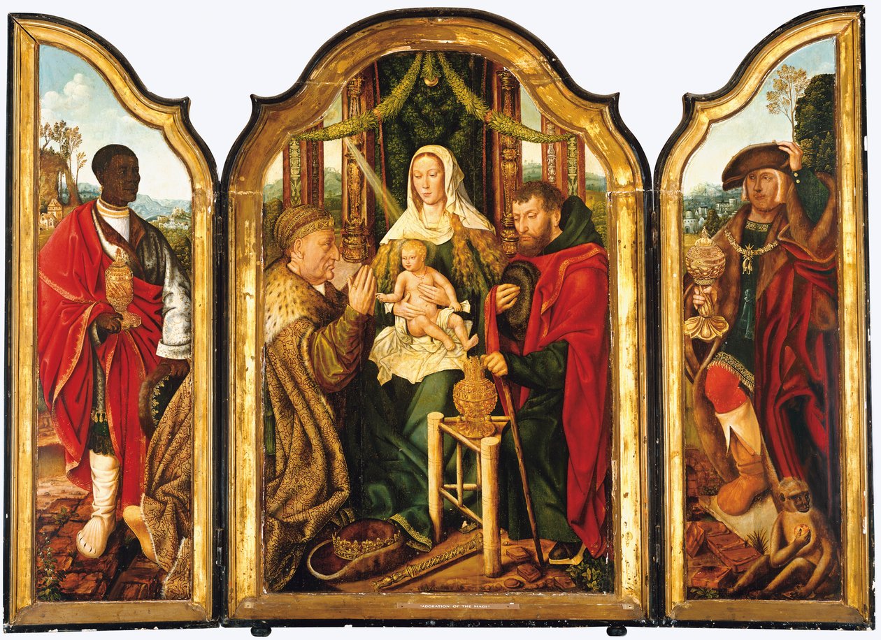 De Heilige Familie met Melchior die Goud aanbiedt aan het Christuskind door Master of Frankfurt