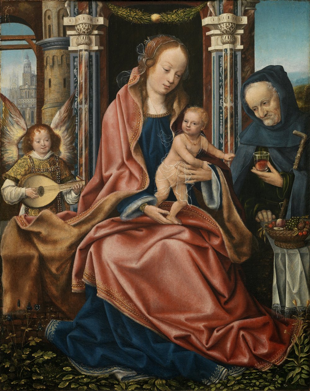 Drieluik van de Heilige Familie met Muziekmakende Engelen. Middenpaneel, ca. 1510-1520 door Master of Frankfurt