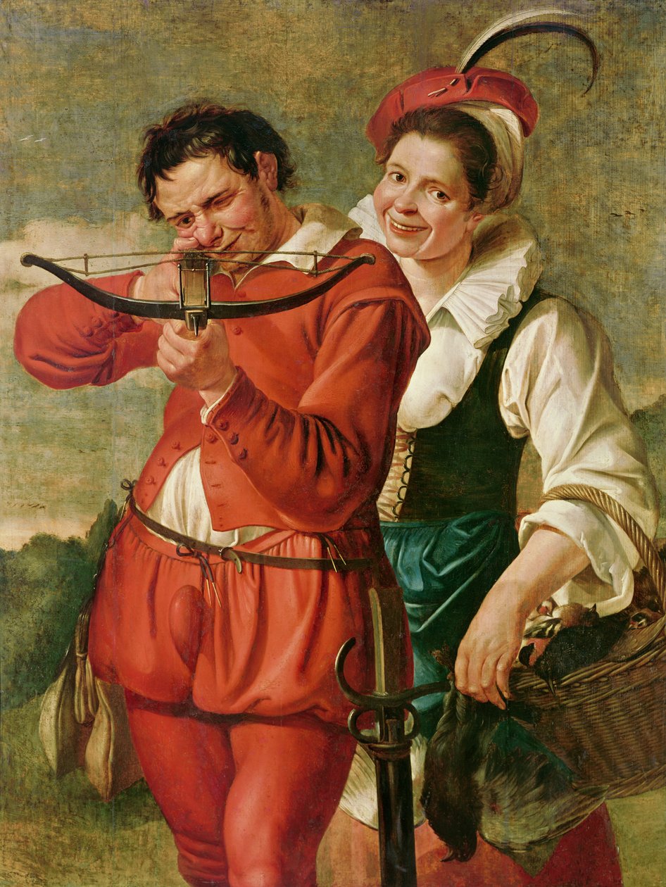 Vrouw en de kruisboogschutter, ca. 1610 door Master of Harlem