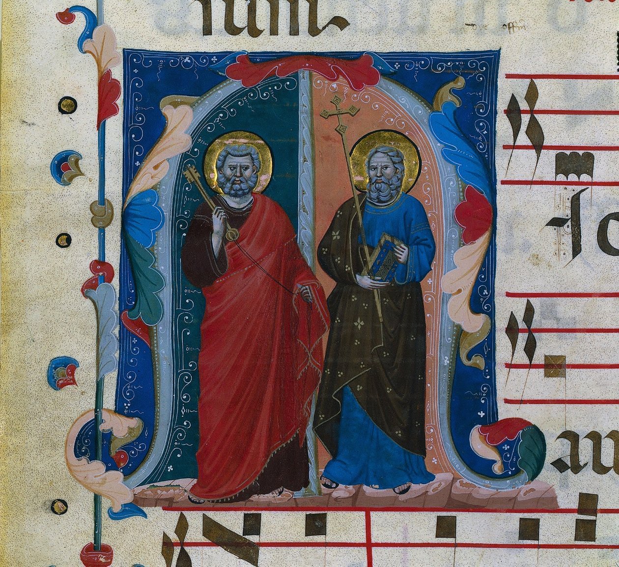 Blad uit een Graduale met Geïllustreerde Initiaal M: SS. Petrus en Andreas, ca. 1320-1340 door Master of Isaac and Esau