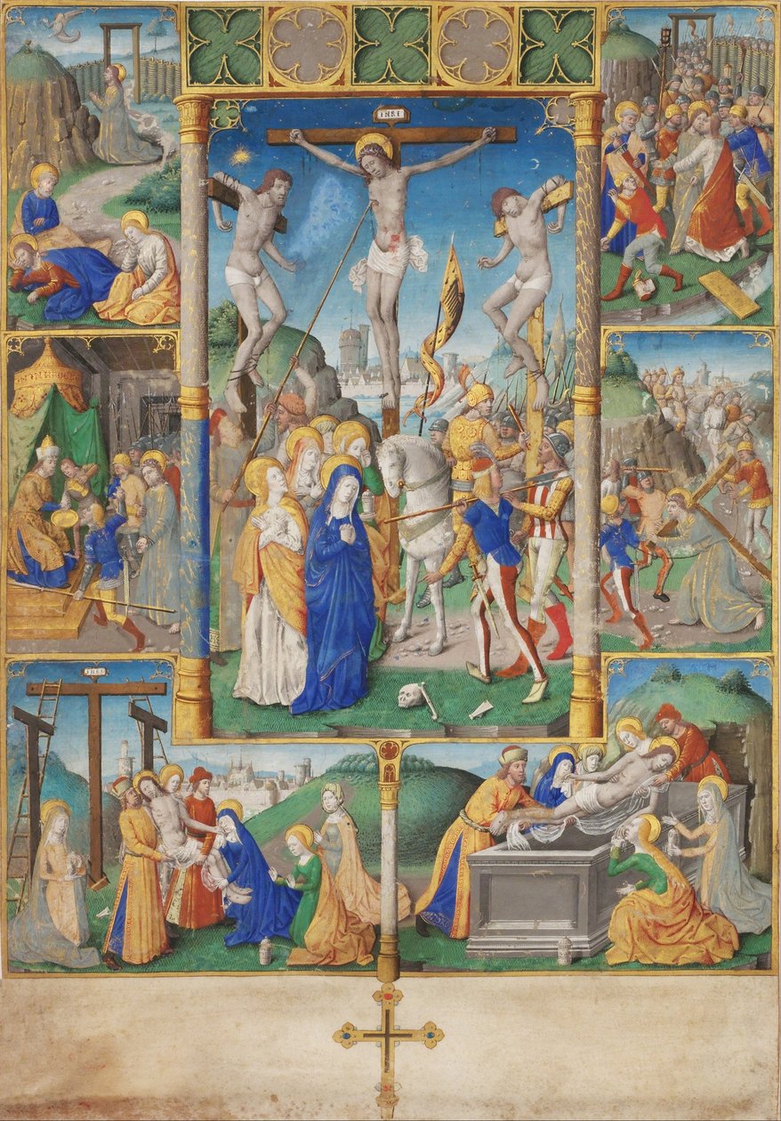 De kruisiging met zes scènes uit het lijden van Christus door Master of Jacques de Besançon