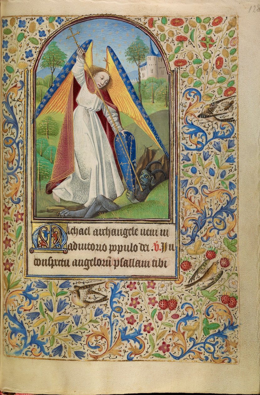 Sint Michiel in gevecht met de duivel door Master of Jacques of Luxembourg