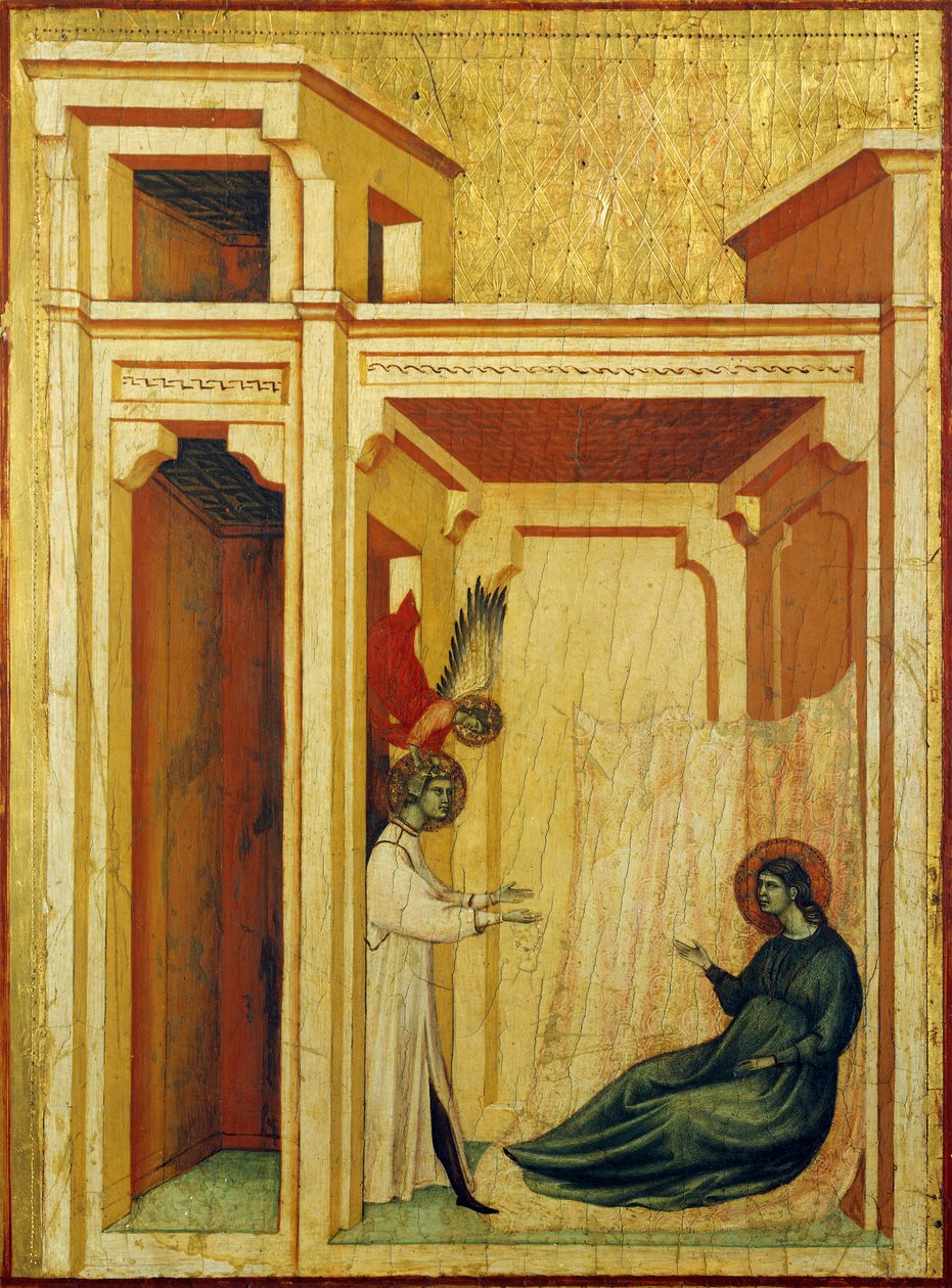 Engel die Valerian kroont met rozen en lelies (detail) door Master of Saint Cecilia