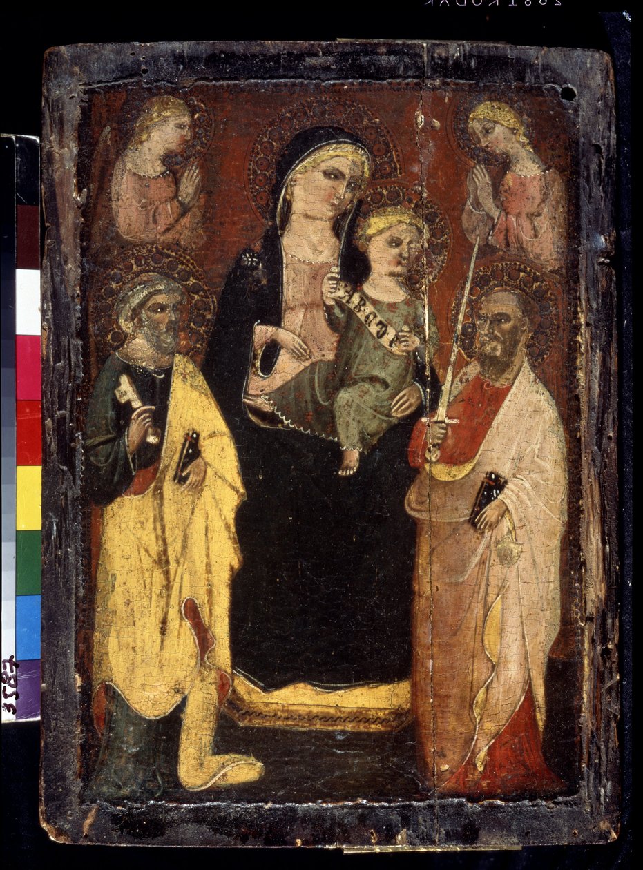 De Madonna en Kind omringd door Sint-Pieter en Sint-Paulus door Master of San Jacopo a Mucciana