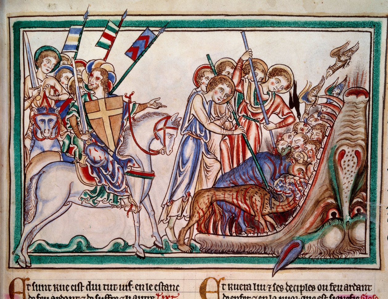 De Heer en Zijn Leger werpen het Beest en Zijn aanbidders in de Hel. Miniatuur uit manuscript 