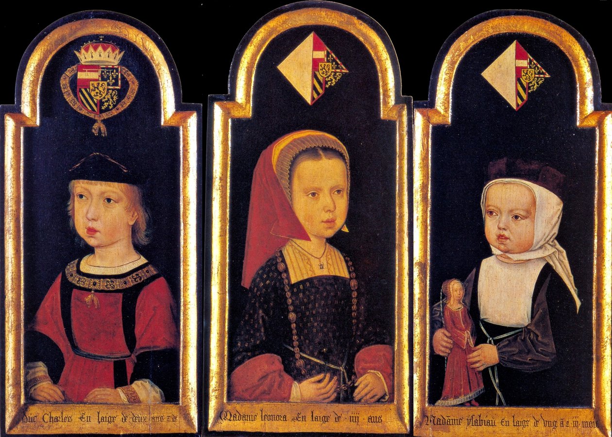Aartshertog Karel, de latere Heilige Roomse Keizer Karel V., met zijn zussen Eleonora en Isabella op de leeftijd van 2 jaar door Master of St.Georgsgilde