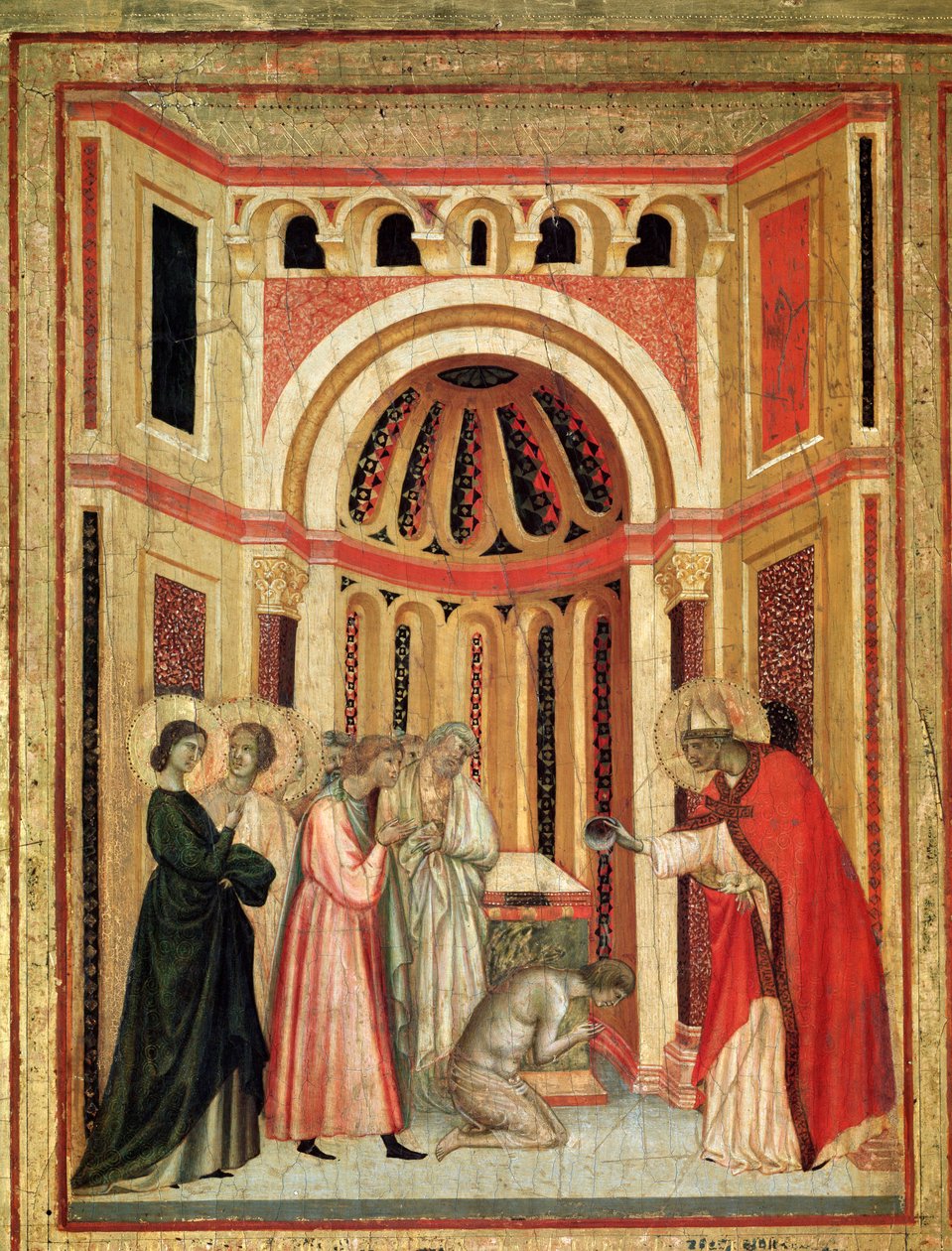 Sint-Cecilia en haar levensverhaal (detail): Bisschop Urbanus doopt Tiburtius, broer van Valerianus door Master of St. Cecilia