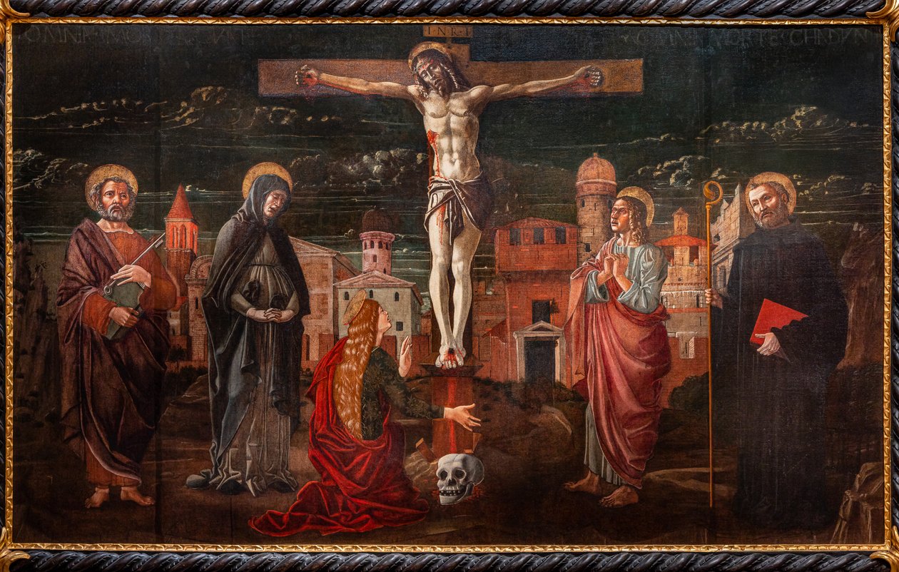 Gekruisigde Christus tussen St. Peter, de Maagd, Maria Magdalena, St. Johannes de apostel en St. Benedictus door Master of St. Peter in Vicenza
