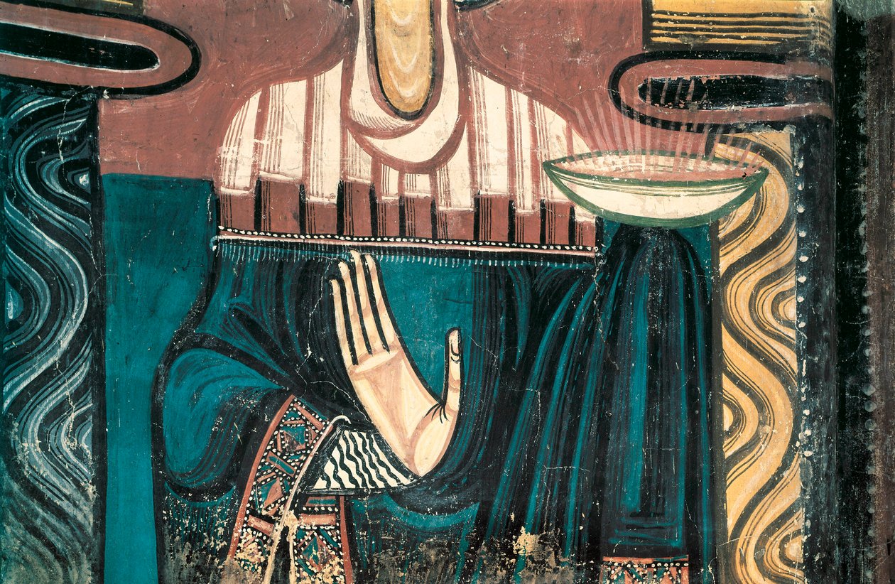 De Maagd. Detail. Fresco van de Meester van Saint Clement de Taull. Ca. 1123. Van de apsis van de kerk van Saint Clement de Taull (Sant Climent in Taull). Nationaal Museum voor Kunst van Catalonië, Barcelona. door Master of Tahull