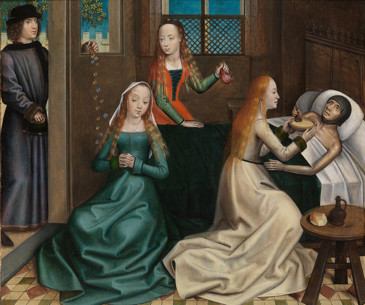 De liefdadigheid van St. Nicolaas, uit het altaarstuk van St. Nicolaas, ca. 1486-93 door Master of The Legend of St. Lucy