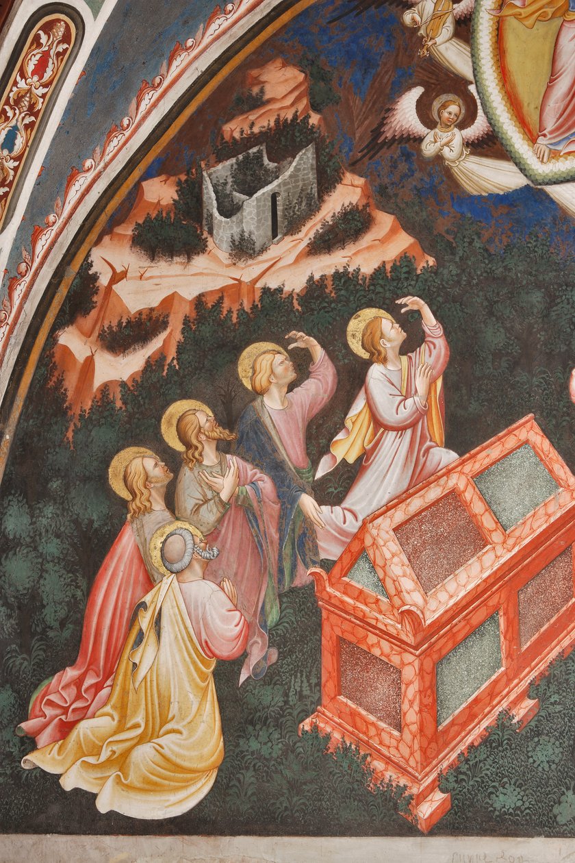 "Hemelvaart van de Maagd" en "de Maagd Maria laat de gordel of Heilige Riem vallen naar St. Thomas", detail van apostelen, ca. 1420 (fresco) door Master of Vignola