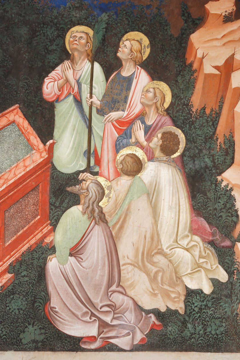 "Hemelvaart van de Maagd" en "de Maagd Maria laat de gordel of Heilige Riem vallen naar St. Thomas", detail van apostelen, ca. 1420 (fresco) door Master of Vignola