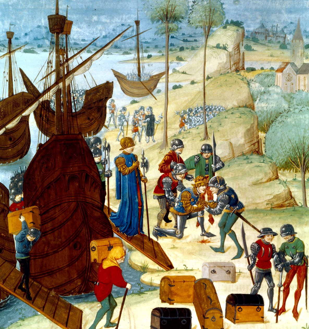 Koning Edward III arriveert in Saint Vaast La Hogue op 12 juli 1346, illustratie uit de Chroniques d