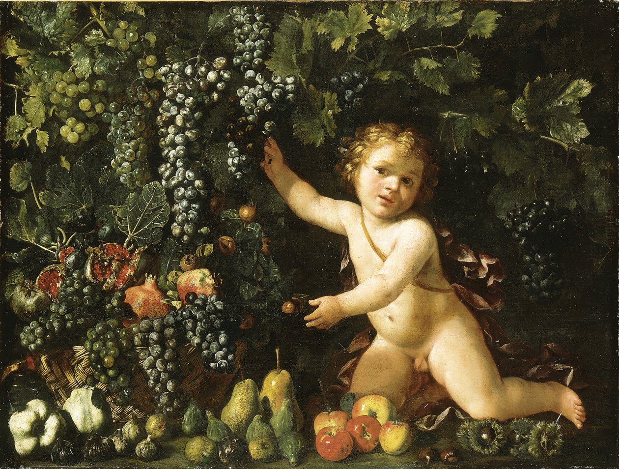 Druiven aan de Wijnstok, Granaatappels, Druiven en Rozenbottels in een Mand, met Vijgen, Appels, Peren en Kastanjes bij een Putto door Master of the Acquavella Still Life
