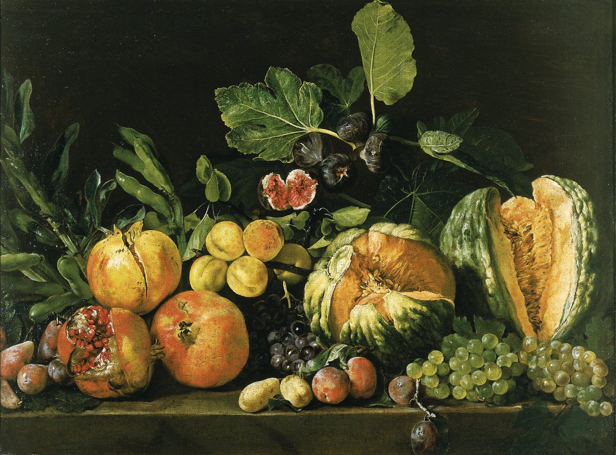 Granaatappels, meloenen, druiven, perziken, vijgen en ander fruit op een stenen richel door Master of the Acquavella Still Life