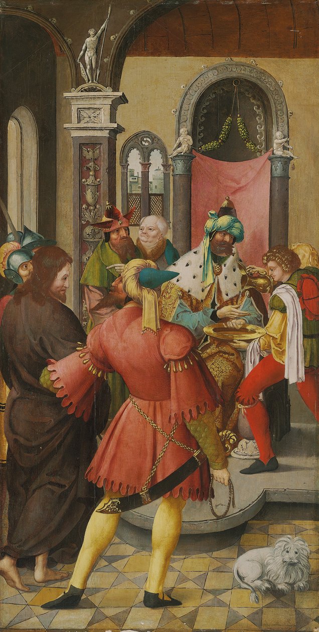 De vleugel van een altaarstuk: Christus voor Pilatus door Master of the Antwerp Adoration