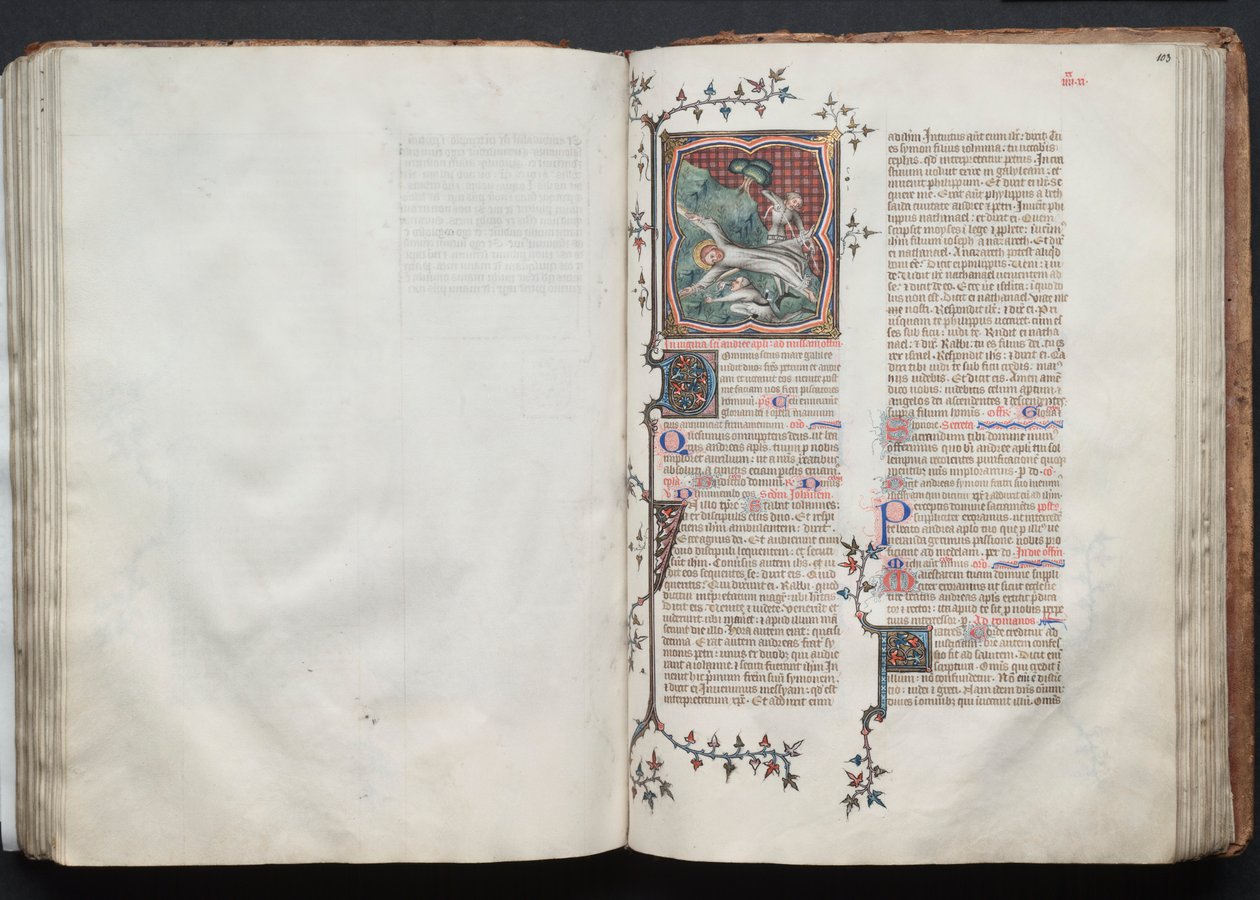 Het Gotha Missaal: Fol. 103r, Sint Andreas wordt aan het kruis gebonden, c. 1375 door Master of the Boqueteaux