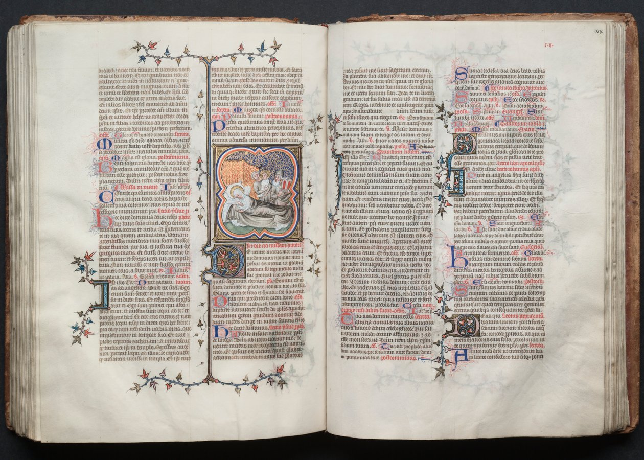 Het Gotha Missaal: Fol. 113v, De Geboorte van Johannes de Doper, ca. 1375 door Master of the Boqueteaux