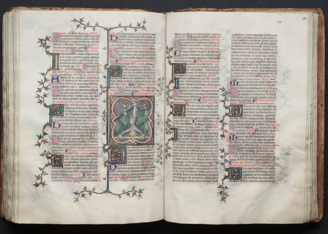 Het Gotha Missaal: Fol. 117v, Sint Petrus ondersteboven aan het kruis gebonden door Master of the Boqueteaux