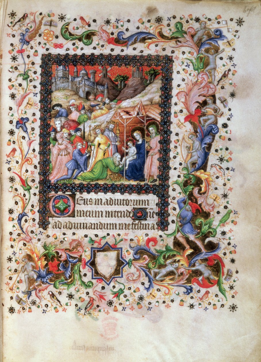 Aanbidding van het Kind, uit een Urenboek door Master of the Brussels Initials