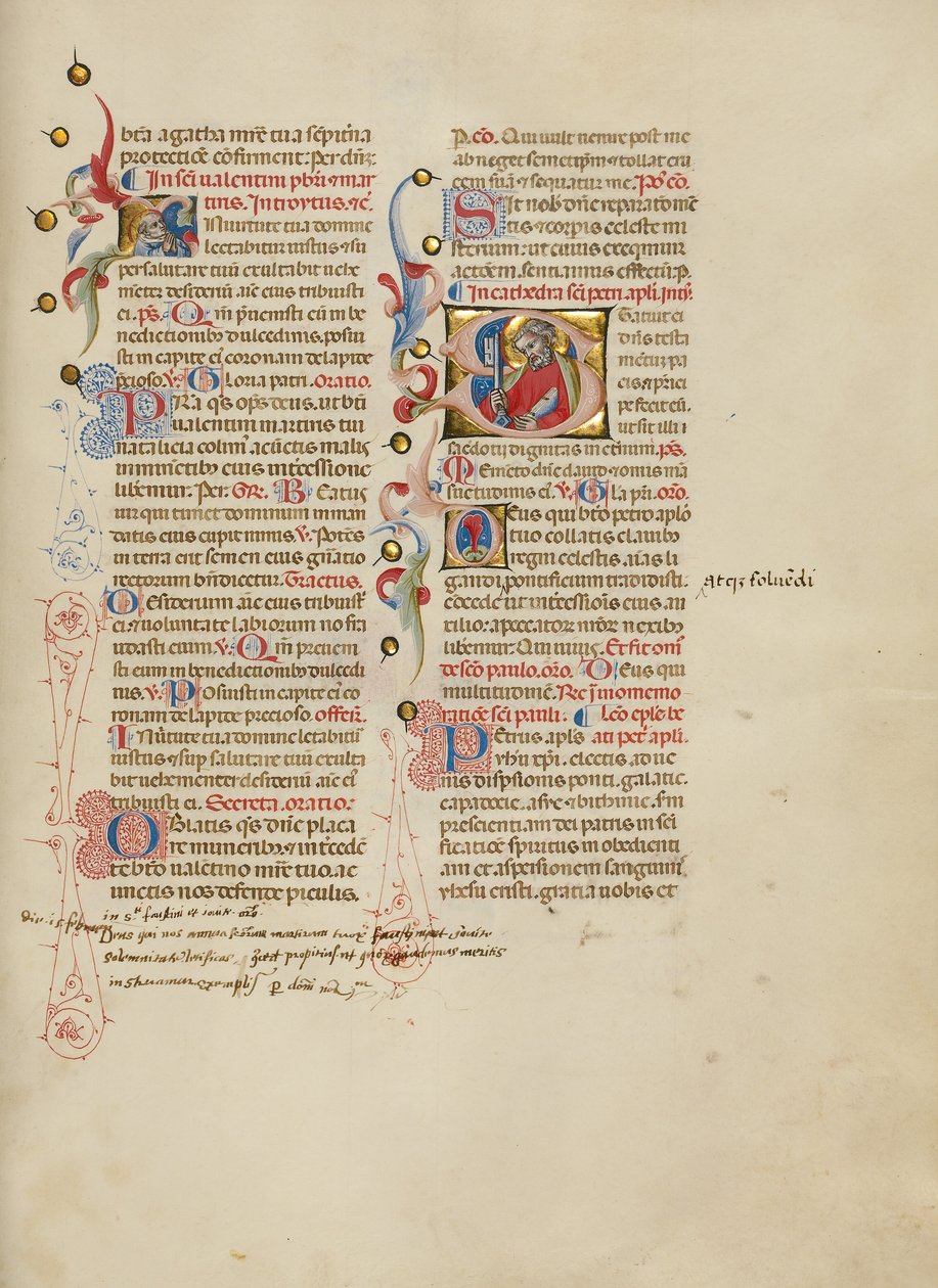 Initialen I: Sint Valentinus; Initialen S: Sint Pieter door Master of the Brussels Initials