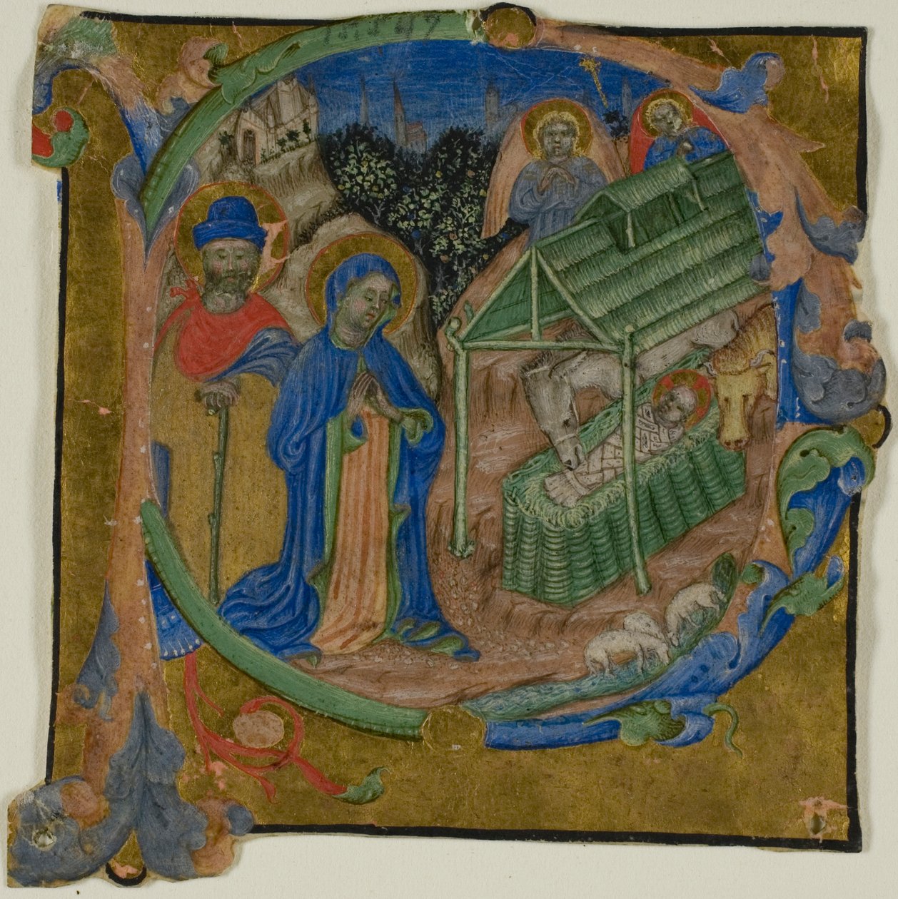 De Geboorte in een historische initiaal "P" uit een koorboek door Master of the Brussels Initials