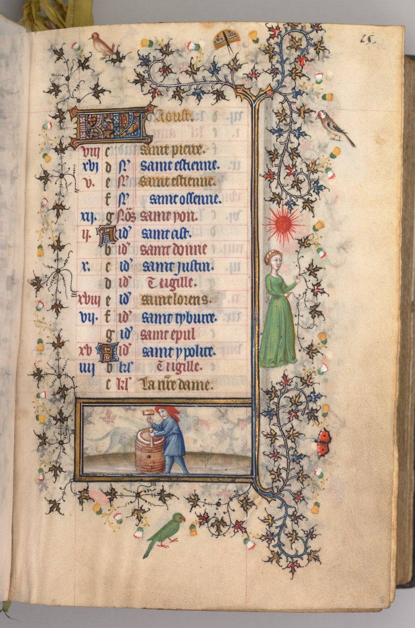Getijdenboek van Karel de Edele, Koning van Navarra 1361-1425: fol. 8r, Augustus door Master of the Brussels Initials and Associates