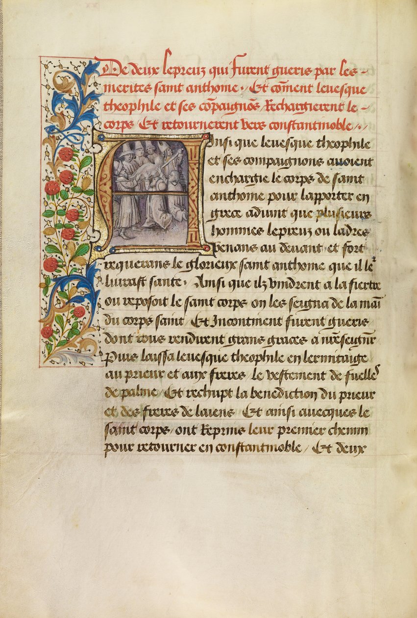 Initial A: Het lichaam van de heilige Antonius vervoerd naar Constantinopel en de genezing van twee lepralijders na het aanraken van het lichaam van de heilige door Master of the Brussels Romuléon