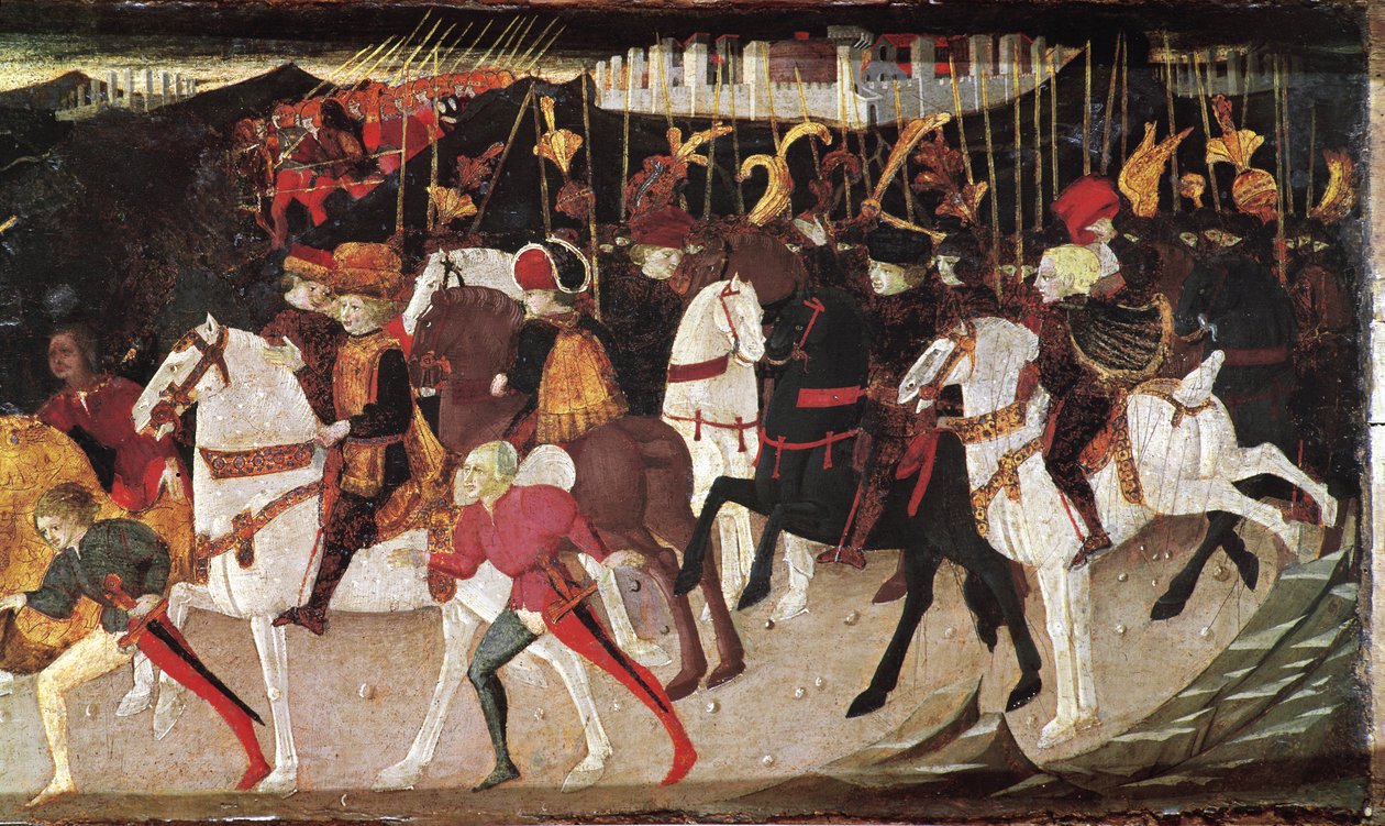 Decameron van Boccaccio (Giovanni Boccaccio): verhaal van Alatiel, dochter van de sultan van Babylon Beminedab, detail dat ruiters en pages voorstelt (7e verhaal van de tweede dag) door Master of the Cassoni
