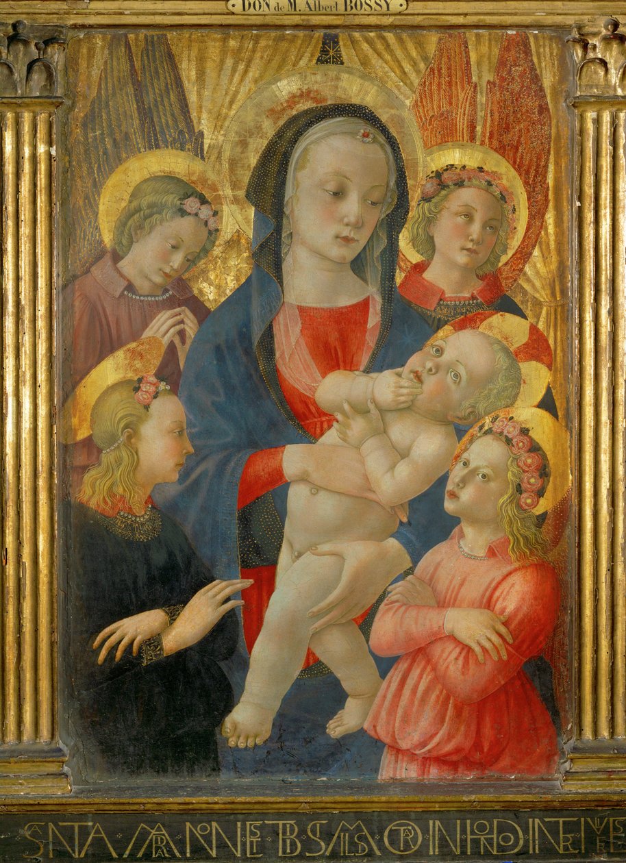 Madonna met kind, omringd door vier engelen ... door Master of the Castello Nativity
