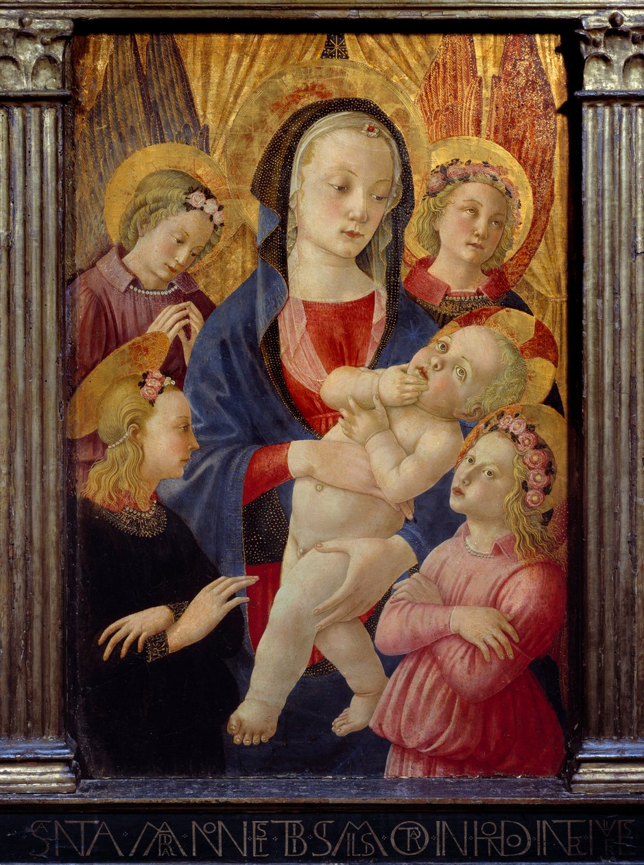 De maagd en het kind omringd door vier engelen door Master of the Castello Nativity