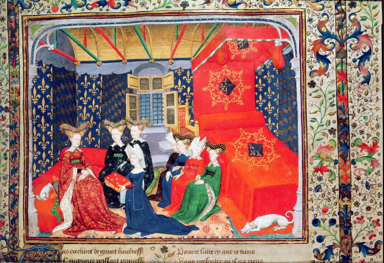 Christine de Pisan presenteert haar boek aan koningin Isabella van Beieren, uit de gedichten van Christine de Pisan, ca. 1410-15 door Master of the Cité des Dames