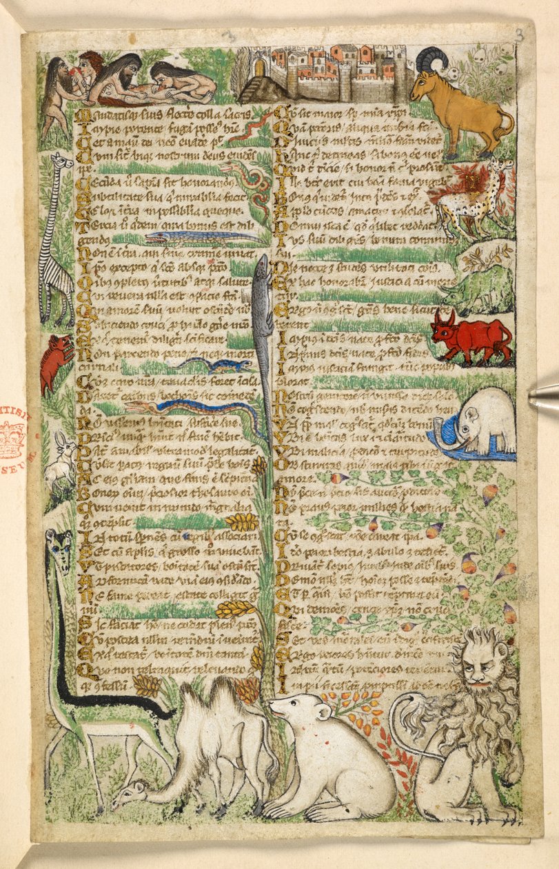 Kannibalen, een ommuurde stad en exotische dieren, uit een Verhandeling over de Deugden en Ondeugden, en een anonieme prozageschiedenis van Sicilië door Master of the Cocharelli Codex