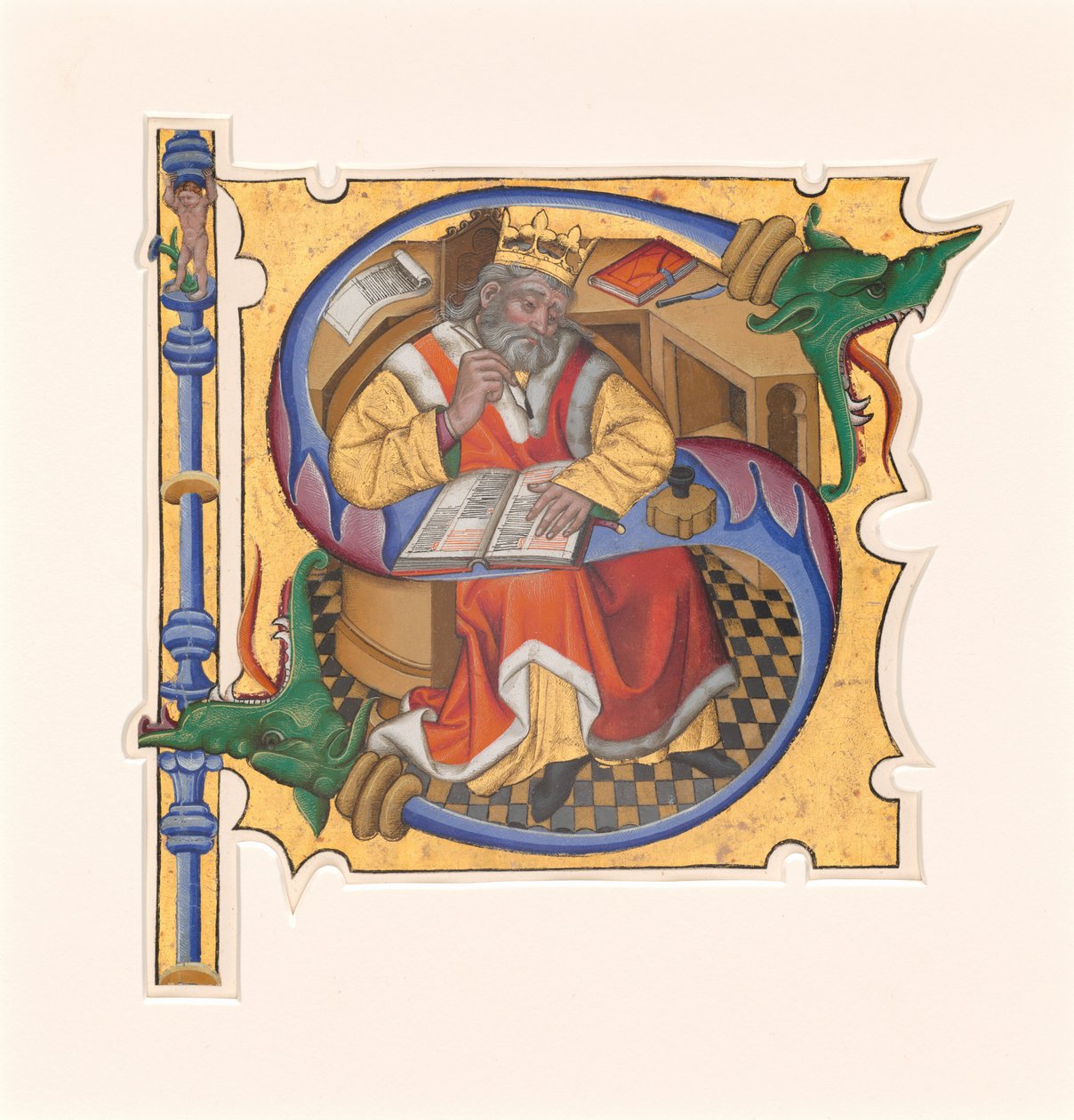 Initiaal S met Koning David als Schrijver door Master of the Cypresses