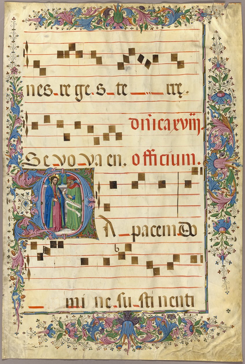 Pagina uit een Koorboek met Christus en een Farizeeër in een Geïllustreerde Initiaal "D" door Master of the Cypresses