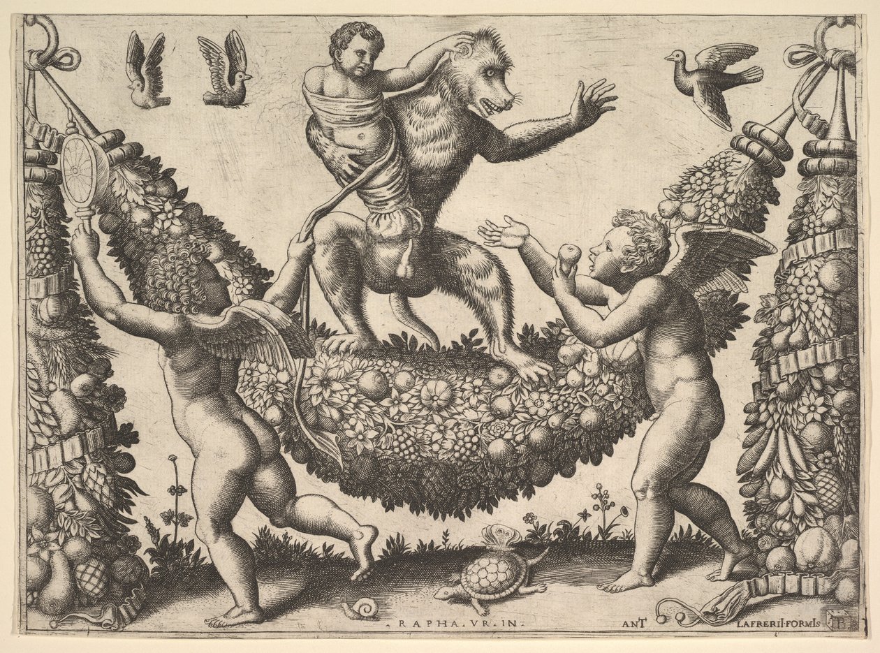 Een aap die een gebonden putto vasthoudt, staand op een guirlande door Master of the Die