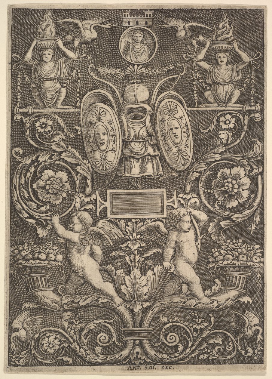 Een paneel van ornament, putti staand op cornucopia in onderste gedeelte, 1530-60 door Master of the Die