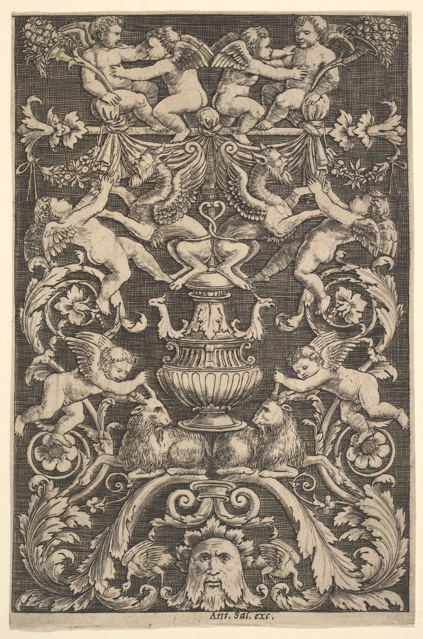 Een paneel van ornament met putti, geit en andere figuren door Master of the Die