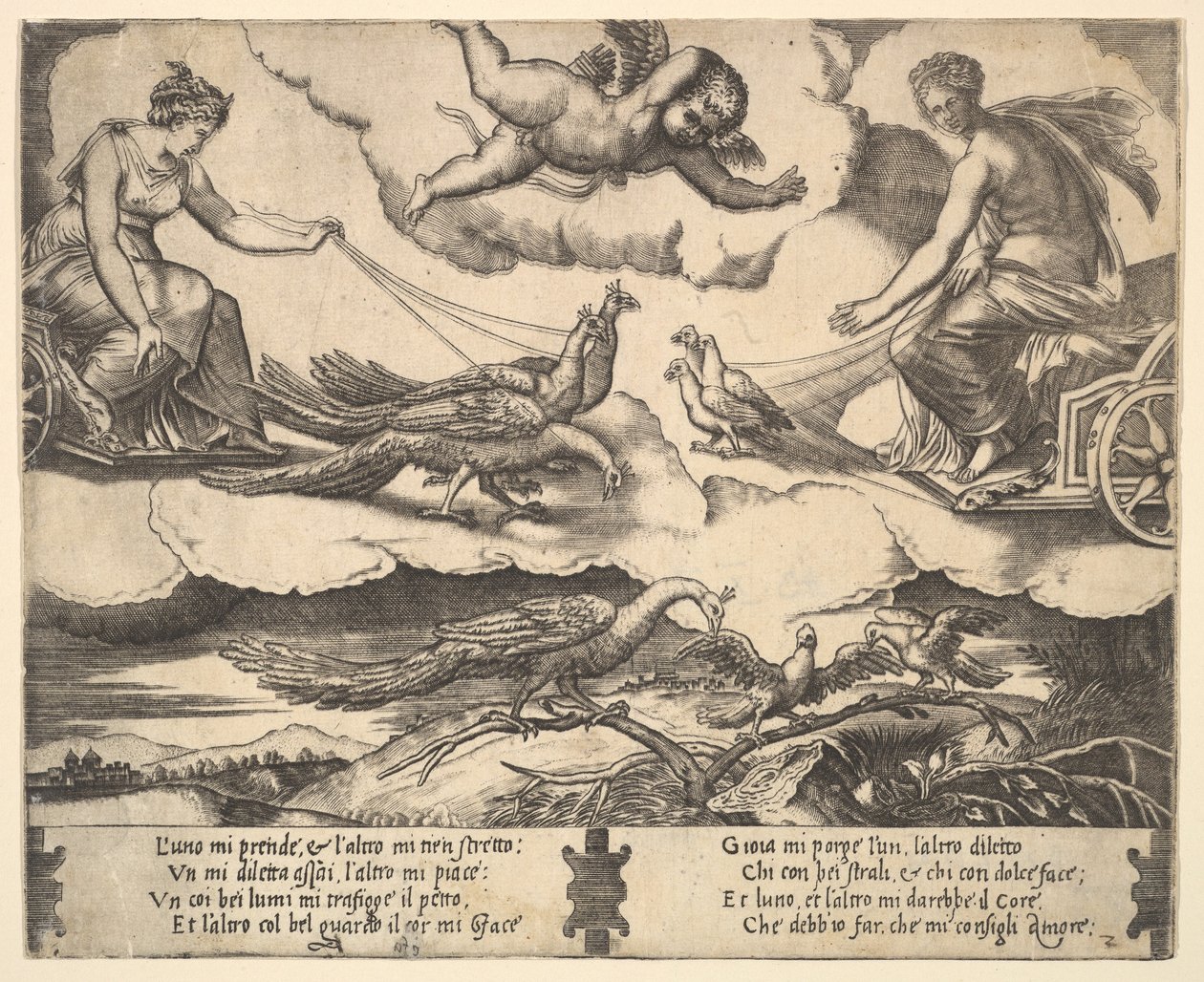 Allegorie van Huwelijk en Liefde, Juno in een wagen getrokken door pauwen links, Venus in een..., 1530-60 door Master of the Die